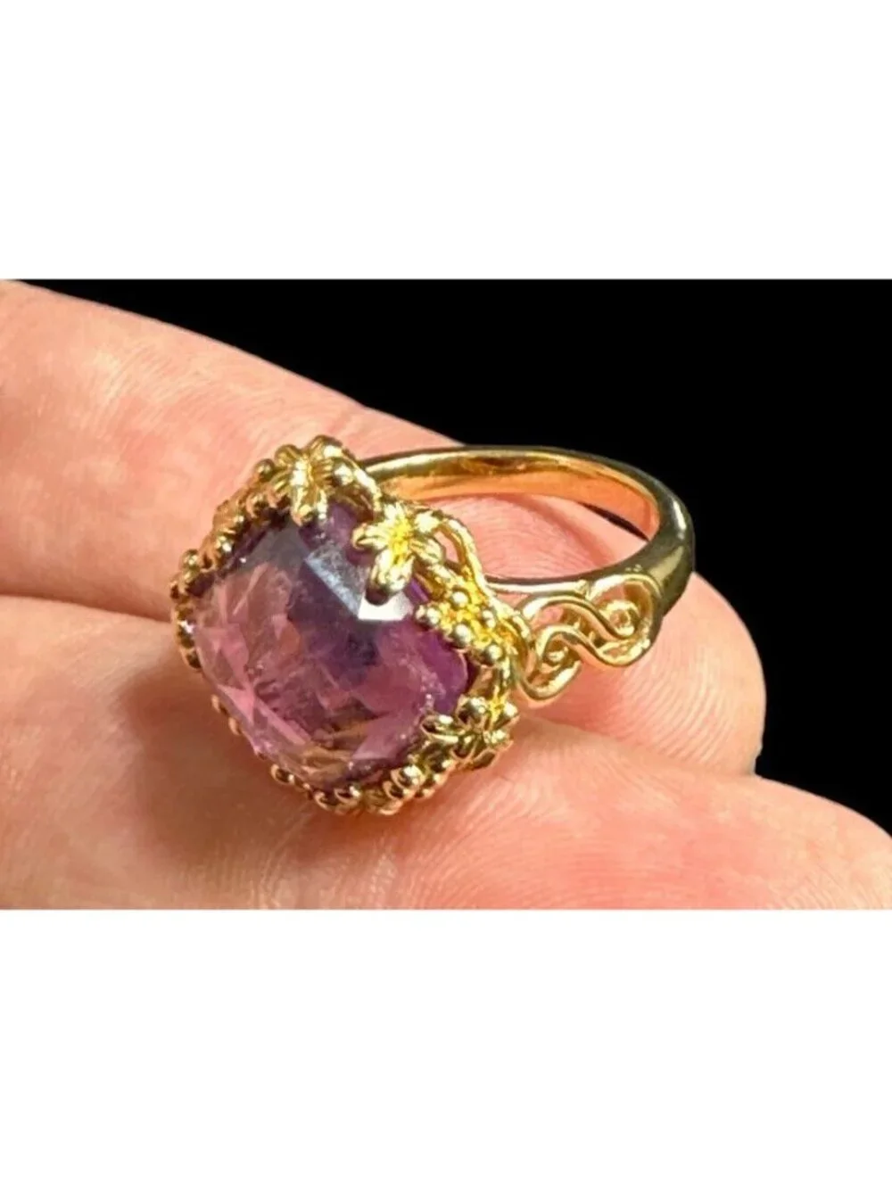 Michelle Albala Sterling Silver and Square Cut Amethyst Ring Floral Scrollwork